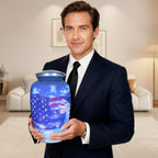 Big urns for ashes for adults male, patriotic war blue sky flag aluminum urn with screw lid size reference