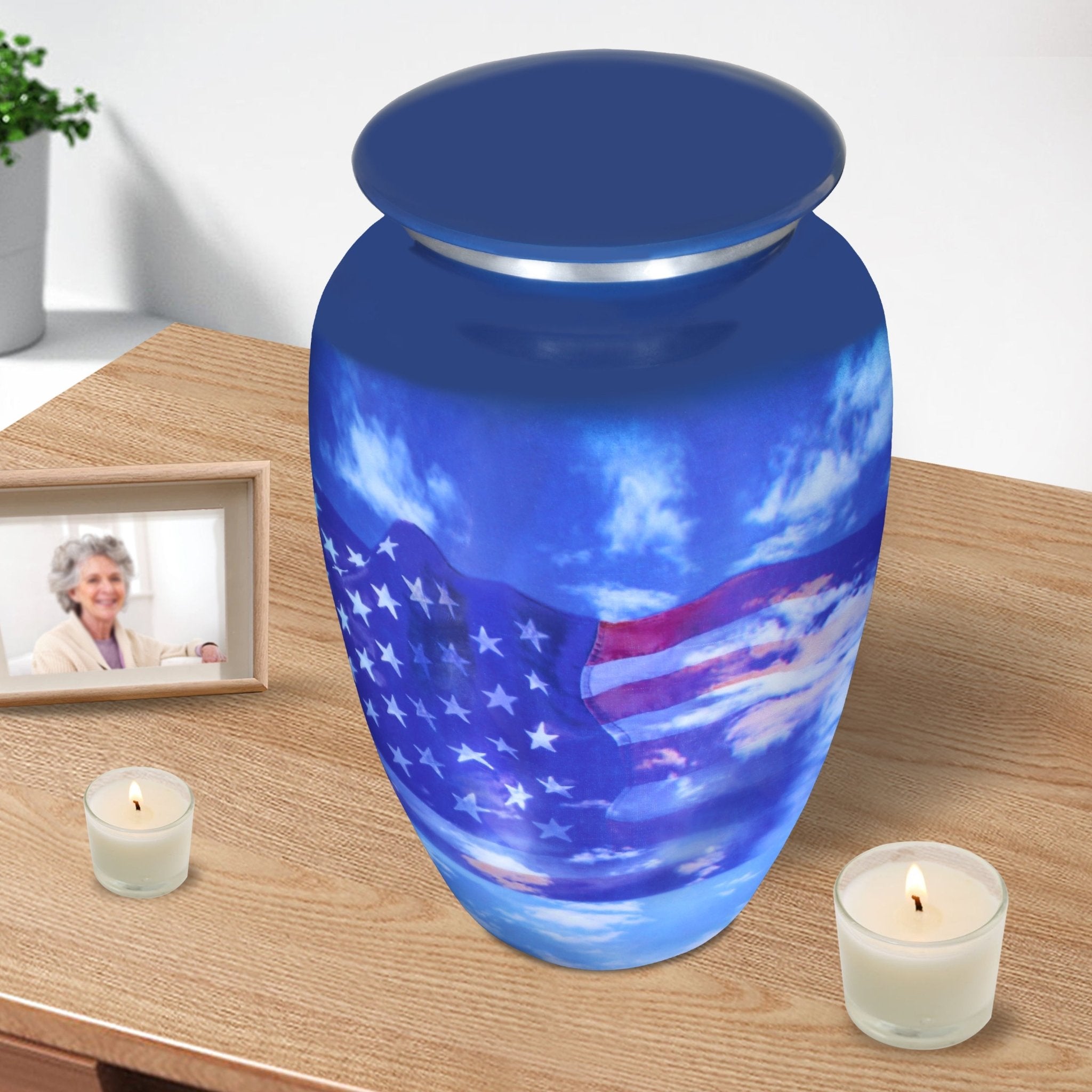Elegant burial urns for ashes for adults, blue sky hero flag aluminum urn with threaded lid for home memoria