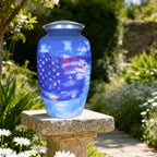 Decorative cremation urns for adults, blue sky military flag aluminum urn with leak-proof threaded lid for garden