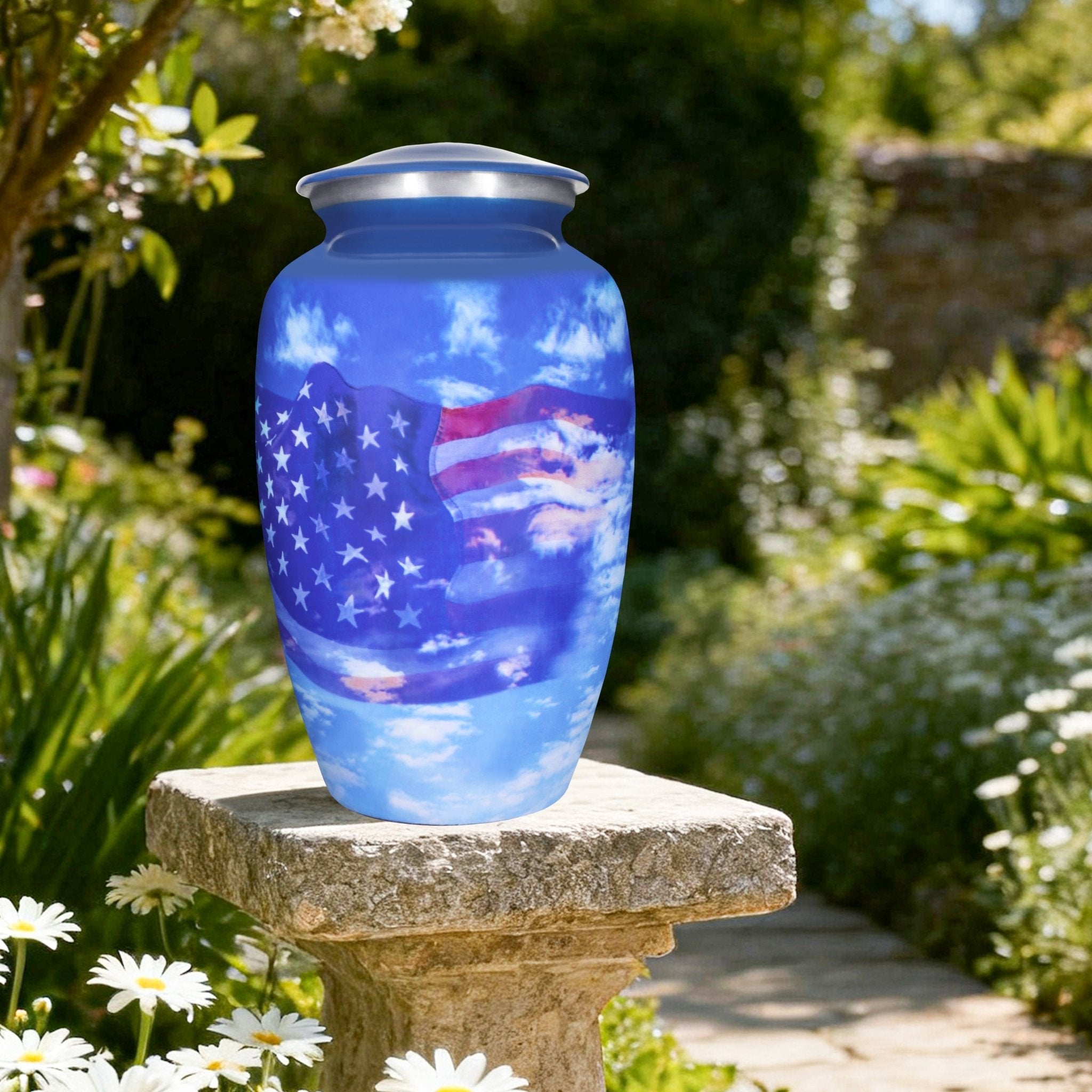 Decorative cremation urns for adults, blue sky military flag aluminum urn with leak-proof threaded lid for garden
