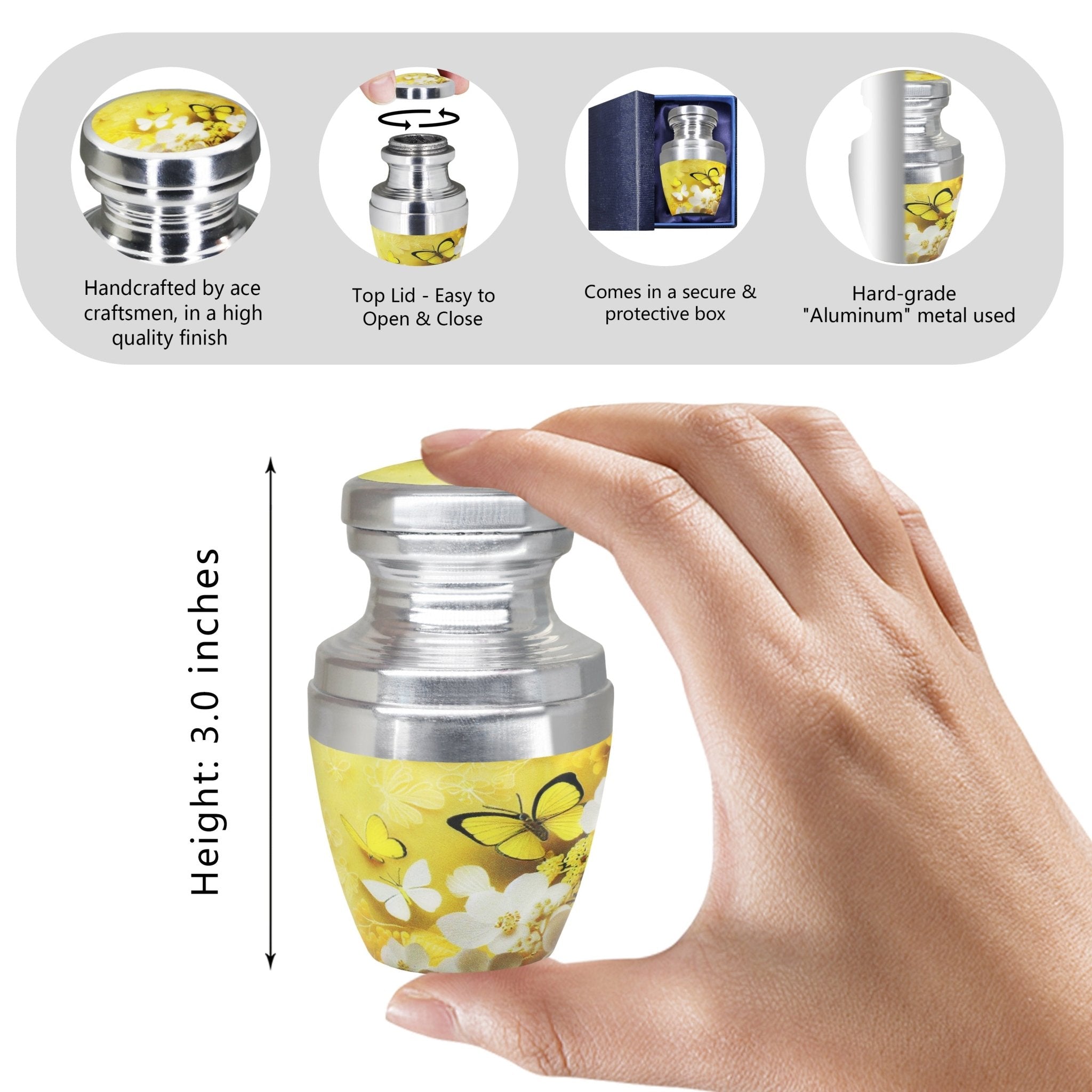 Small urns for human ashes with yellow butterfly flowers, hand holding a mini memorial urn for a beloved dad