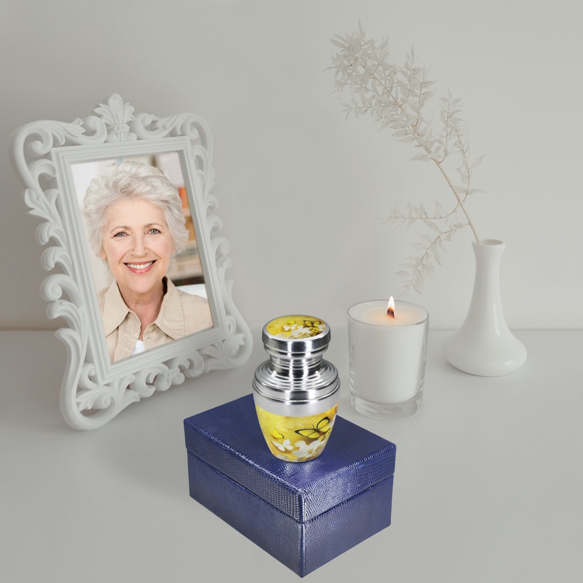 Baby urn for precious memories, miniature urns with butterfly flowers honoring an infant with lasting love