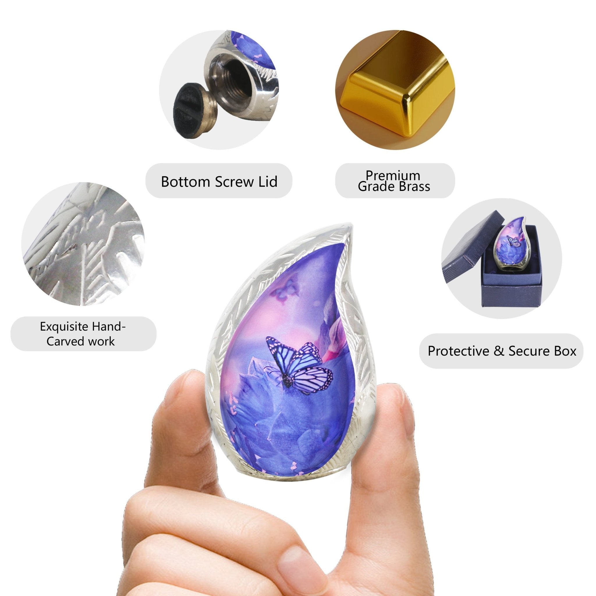 M MEILINXU Butterfly & Flower Urn, Cremation Urns for Human Ashes - Display at Home or Niche, Engraved Aluminum Tear Drop Urn for Ashes Adult Female & Male