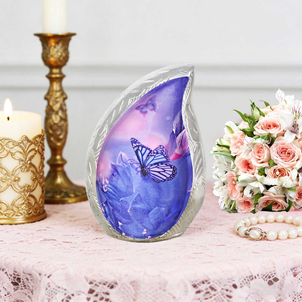 M MEILINXU Butterfly & Flower Urn, Cremation Urns for Human Ashes - Display at Home or Niche, Engraved Aluminum Tear Drop Urn for Ashes Adult Female & Male