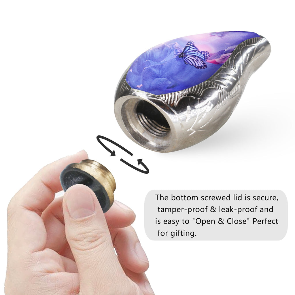 M MEILINXU Butterfly & Flower Urn, Cremation Urns for Human Ashes - Display at Home or Niche, Engraved Aluminum Tear Drop Urn for Ashes Adult Female & Male