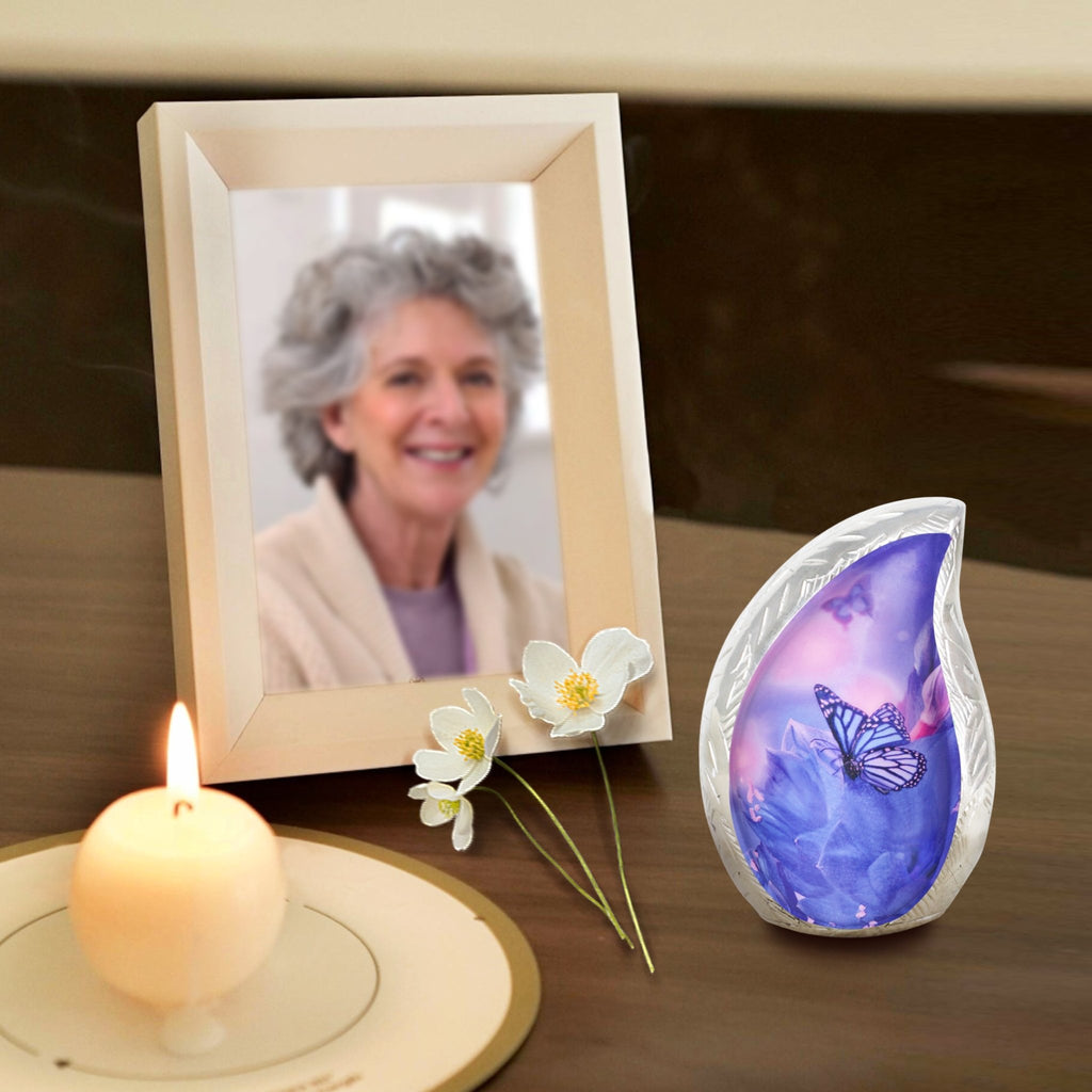 M MEILINXU Butterfly & Flower Urn, Cremation Urns for Human Ashes - Display at Home or Niche, Engraved Aluminum Tear Drop Urn for Ashes Adult Female & Male