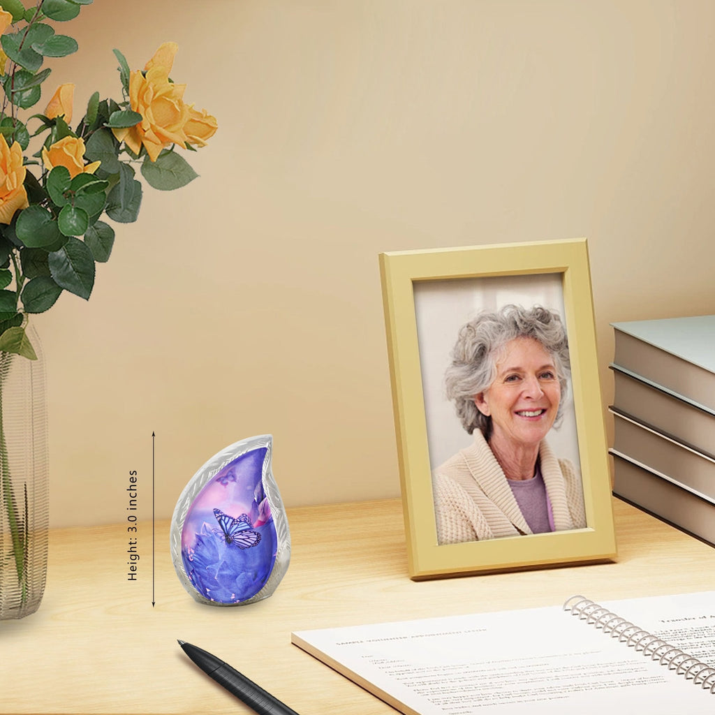 M MEILINXU Butterfly & Flower Urn, Cremation Urns for Human Ashes - Display at Home or Niche, Engraved Aluminum Tear Drop Urn for Ashes Adult Female & Male