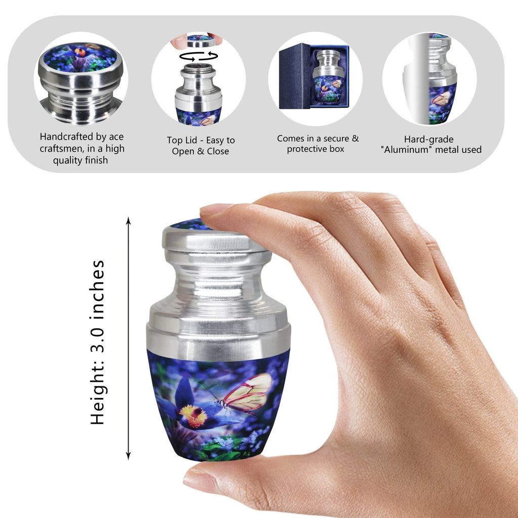 Small urns for human ashes with blue butterflies, hand holding a mini urn for cherished family memories