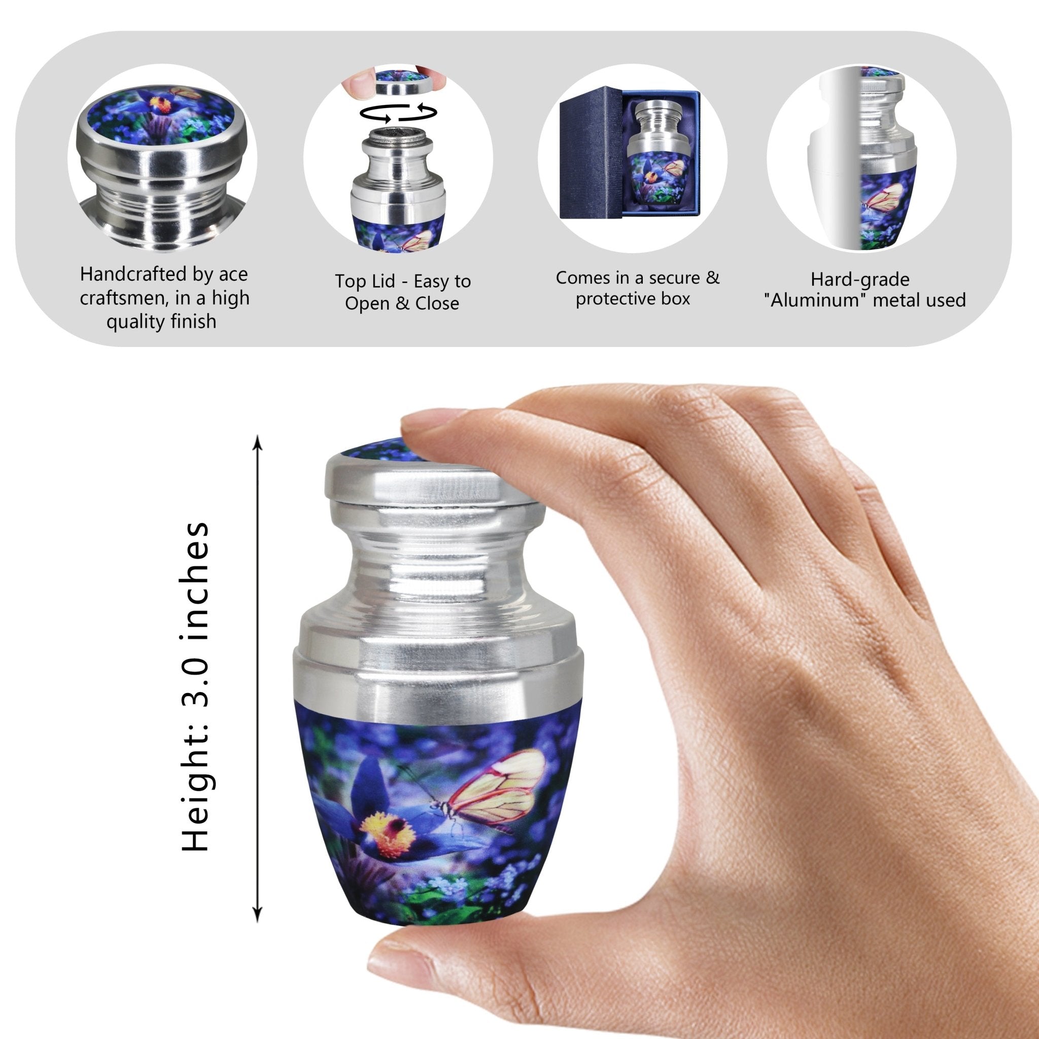 Small urns for human ashes with blue butterflies, hand holding a mini urn for cherished family memories
