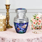 Small urns for ashes with blue butterfly flowers beside candles, a peaceful tribute for a loving father