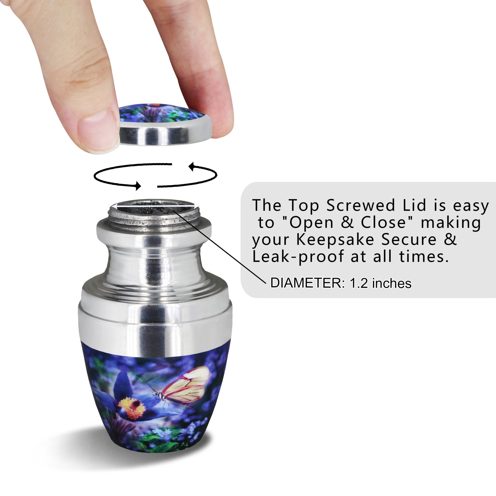 Urns for cremated remains with a secure threaded lid, blue butterfly design protects precious ashes in an urn