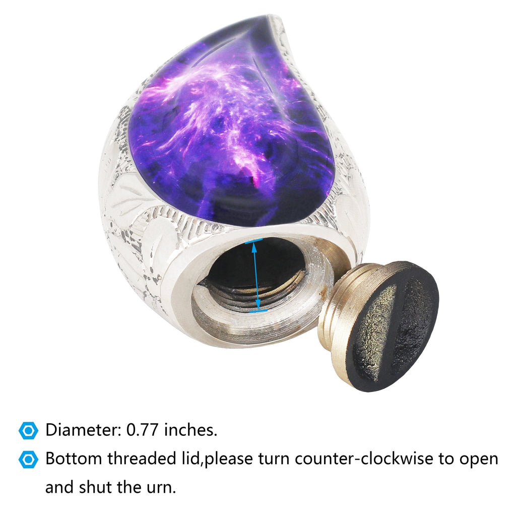 Brass miniature urn for ashes with purple cosmic artwork and removable threaded bottom lid shown open
