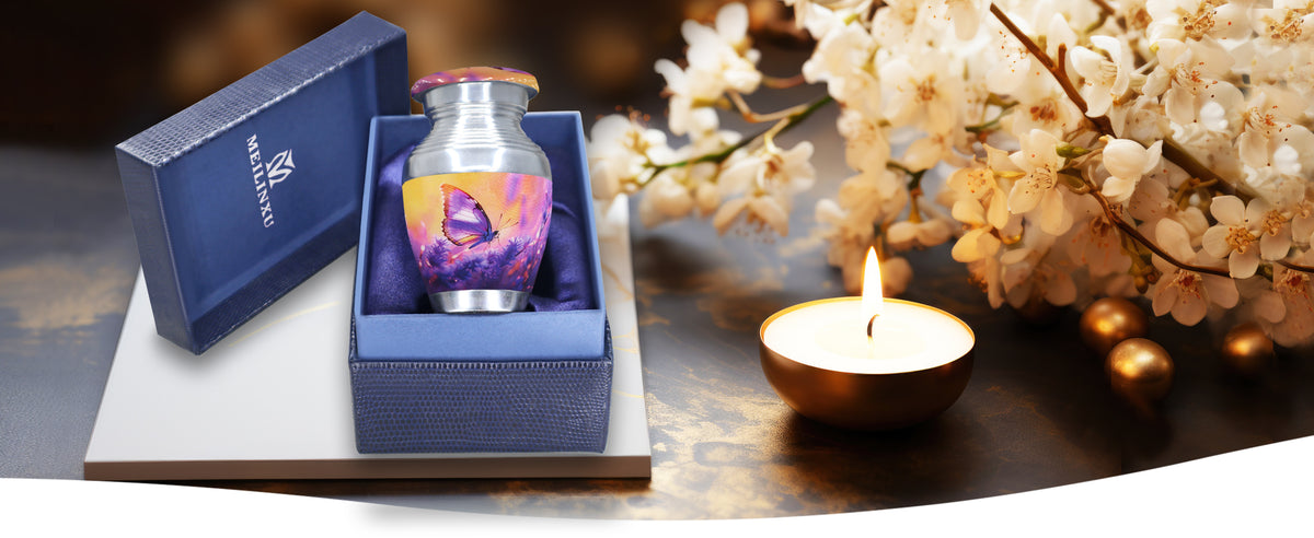 Purple Urn with Butterflies & Lavender – Full Size Urn for Cremated Remains & Mini Urn | MEILINXU — A Meaningful Memorial for Home or Niche