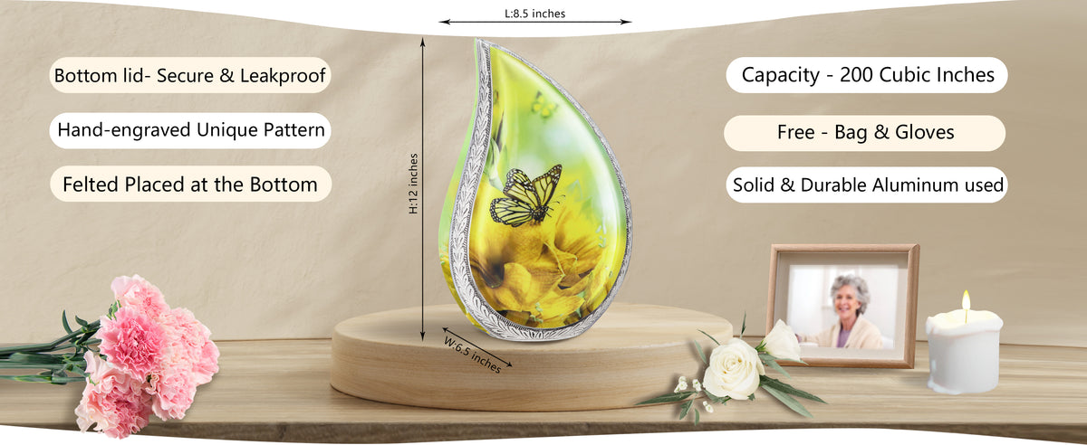 Yellow Butterfly Urn for Ashes – Teardrop Big Memorial Urn & Tiny Brass Keepsake | MEILINXU — A Meaningful Memorial for Home or Niche