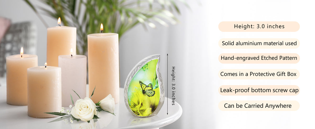 Yellow Butterfly Urn for Ashes – Teardrop Big Memorial Urn & Tiny Brass Keepsake | MEILINXU — A Meaningful Memorial for Home or Niche