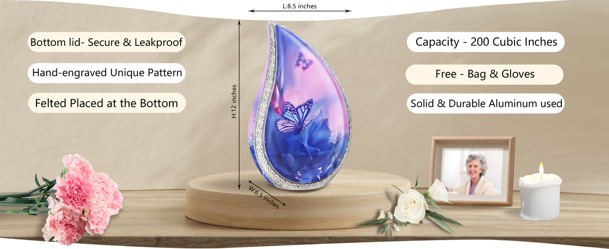 Blue Urns for Human Ashes – Butterfly Teardrop Full Size Urn and Small Brass Keepsake Urn | MEILINXU — A Meaningful Memorial for Home or Niche