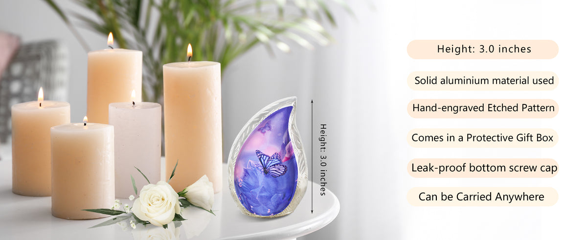 Blue Urns for Human Ashes – Butterfly Teardrop Full Size Urn and Small Brass Keepsake Urn | MEILINXU — A Meaningful Memorial for Home or Niche