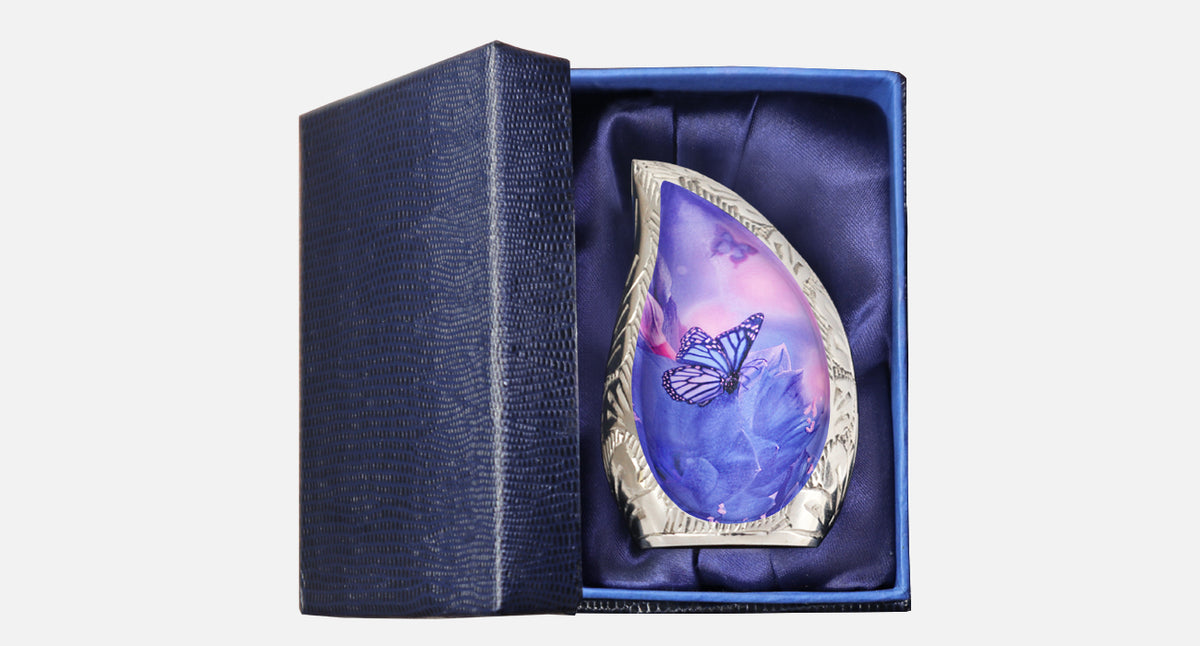 Blue Urns for Human Ashes – Butterfly Teardrop Full Size Urn and Small Brass Keepsake Urn | MEILINXU — Thoughtful Presentation