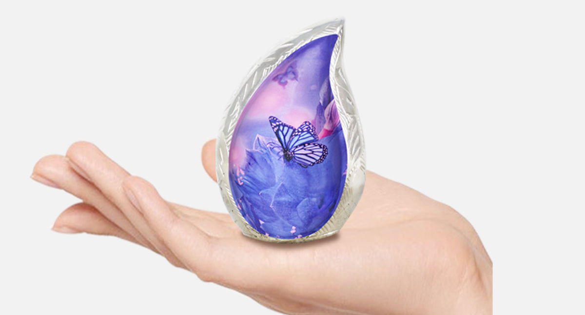Blue Urns for Human Ashes – Butterfly Teardrop Full Size Urn and Small Brass Keepsake Urn | MEILINXU — Made for Lasting Remembrance
