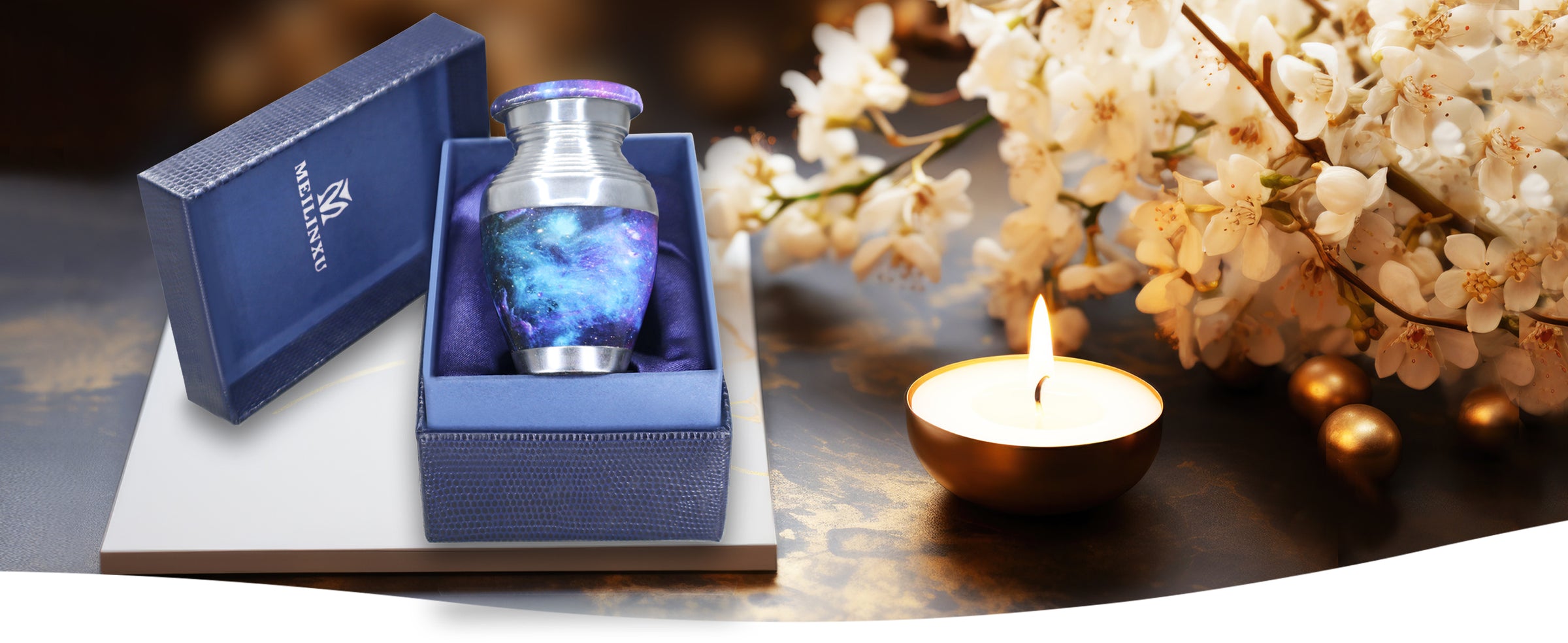 Blue Cremation Urns for Cremated Remains – Cosmic Galaxy Full Size Urn and Miniature Urn | MEILINXU — A Meaningful Memorial for Home or Niche