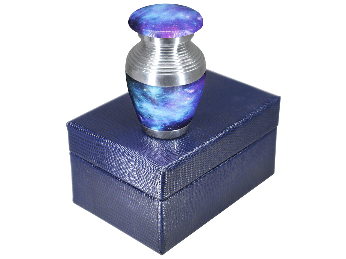 Blue Cremation Urns for Cremated Remains – Cosmic Galaxy Full Size Urn and Miniature Urn | MEILINXU — Thoughtful Presentation