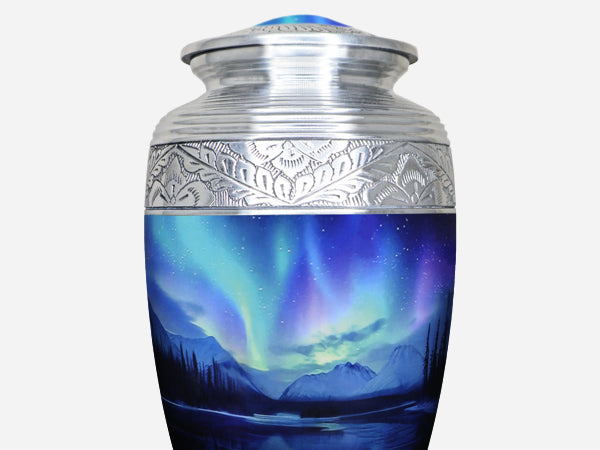 Aurora Borealis Urn for Ashes – Northern Lights Adult Urn and Mini Keepsake Urn | MEILINXU — Distinctive Memorial Artwork