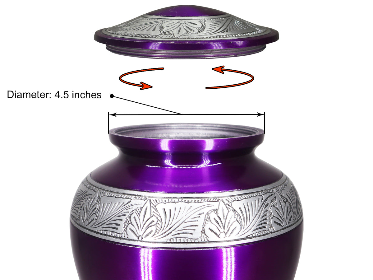 Purple Urns for Human Ashes – Silver Engraved Full Size Aluminum Adult Urn | MEILINXU — Made with Care