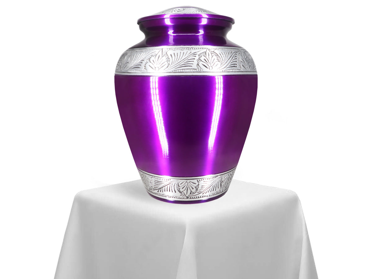 Purple Urns for Human Ashes – Silver Engraved Full Size Aluminum Adult Urn | MEILINXU — Secure and Considered Design