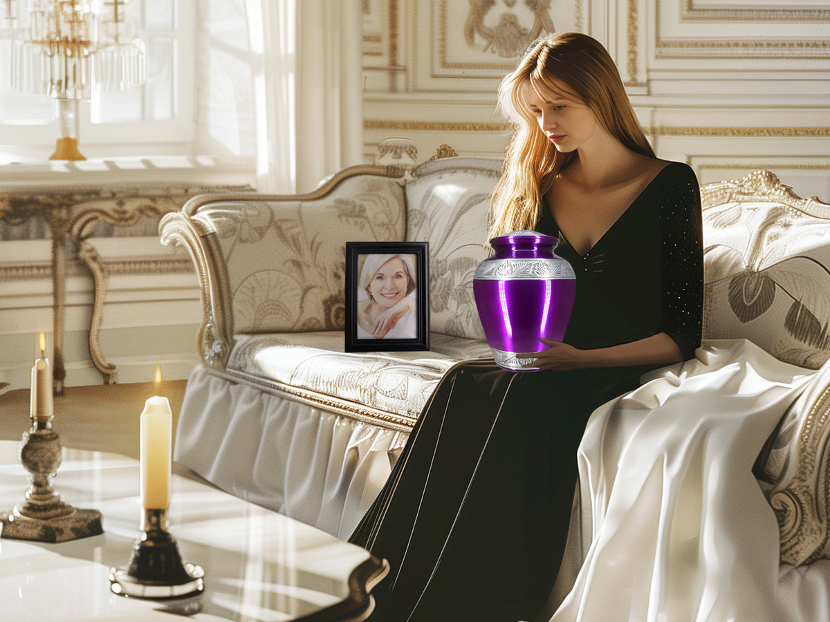 Purple Urns for Human Ashes – Silver Engraved Full Size Aluminum Adult Urn | MEILINXU — Made for Lasting Remembrance