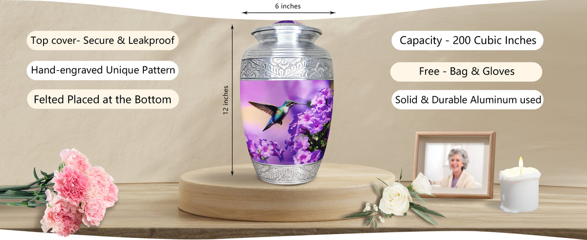 Purple Hummingbird Urn for Ashes – Floral Full Size Adult Cremation Urn for Human Ashes | MEILINXU — A Meaningful Memorial for Home or Niche