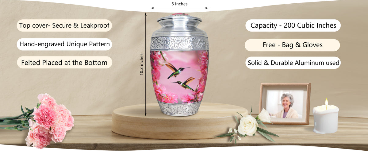 Pink Hummingbird Urn for Ashes – Floral Full Size Adult Cremation Urn for Human Ashes | MEILINXU — A Meaningful Memorial for Home or Niche