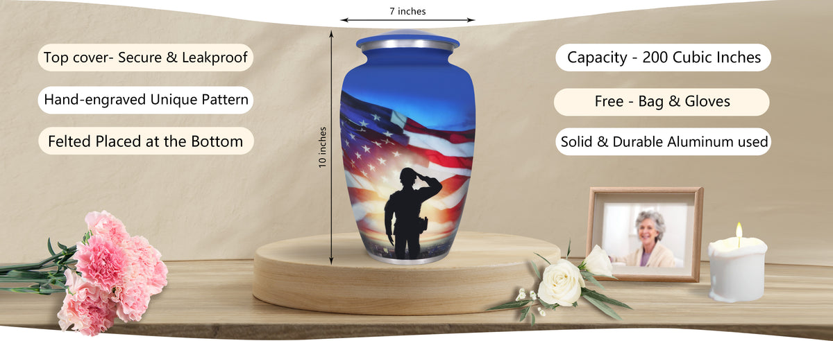 Veteran Urn with American Flag – Soldier Salute Large Adult Urn for Human Ashes | MEILINXU — A Meaningful Memorial for Home or Niche