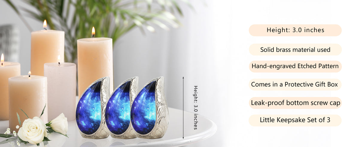 Black and Blue Galaxy Urn – Cosmic Tear Drop Adult Urn, Brass Keepsake & Set of 3 | MEILINXU — A Meaningful Memorial for Home or Niche