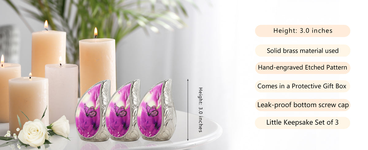 Purple Cremation Urns – Butterfly Tear Drop Adult Urn, Mini Keepsake Urn & Set of 3 | MEILINXU — A Meaningful Memorial for Home or Niche
