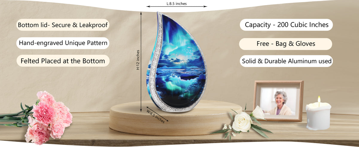 Turquoise Urn – Aurora Borealis Tear Drop Full Size Urn and Mini Brass Keepsake | MEILINXU — A Meaningful Memorial for Home or Niche