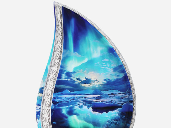 Turquoise Urn – Aurora Borealis Tear Drop Full Size Urn and Mini Brass Keepsake | MEILINXU — Distinctive Memorial Artwork