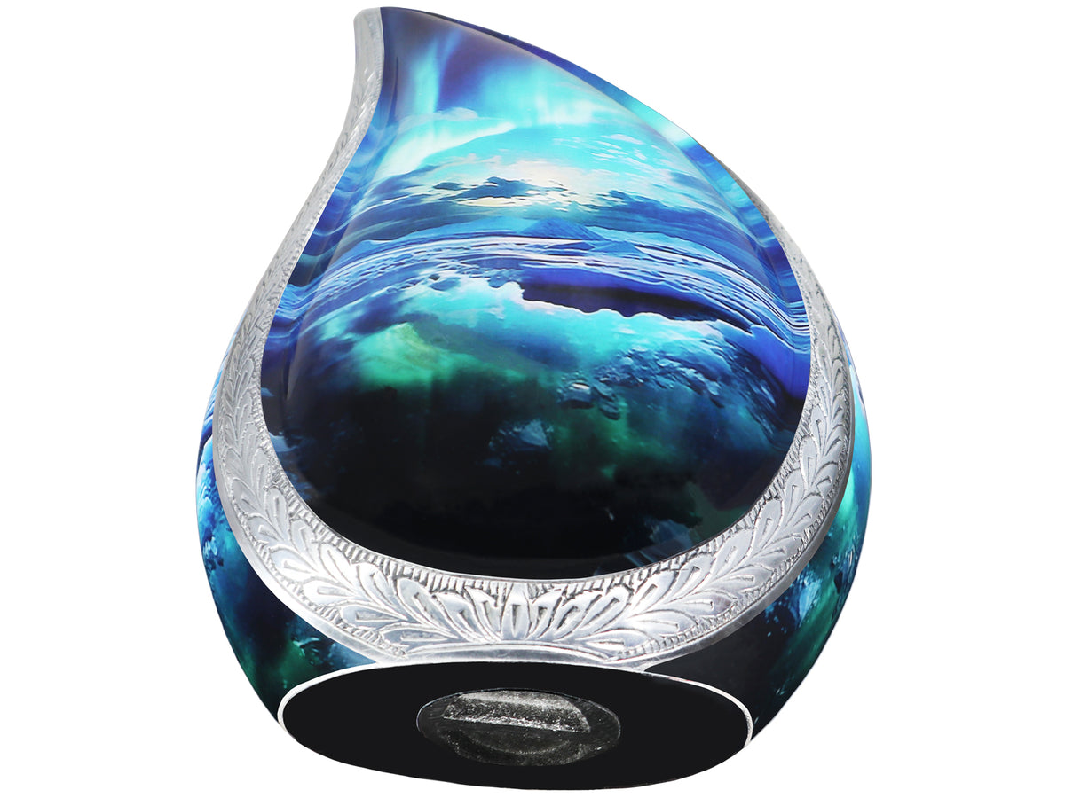 Turquoise Urn – Aurora Borealis Tear Drop Full Size Urn and Mini Brass Keepsake | MEILINXU — Made for Lasting Remembrance