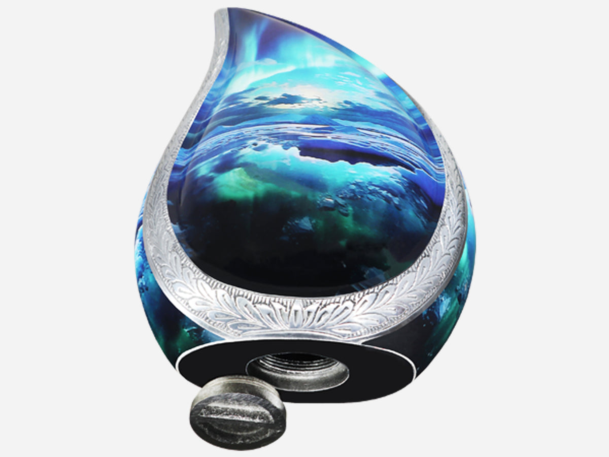 Turquoise Urn – Aurora Borealis Tear Drop Full Size Urn and Mini Brass Keepsake | MEILINXU — A Personal Memorial