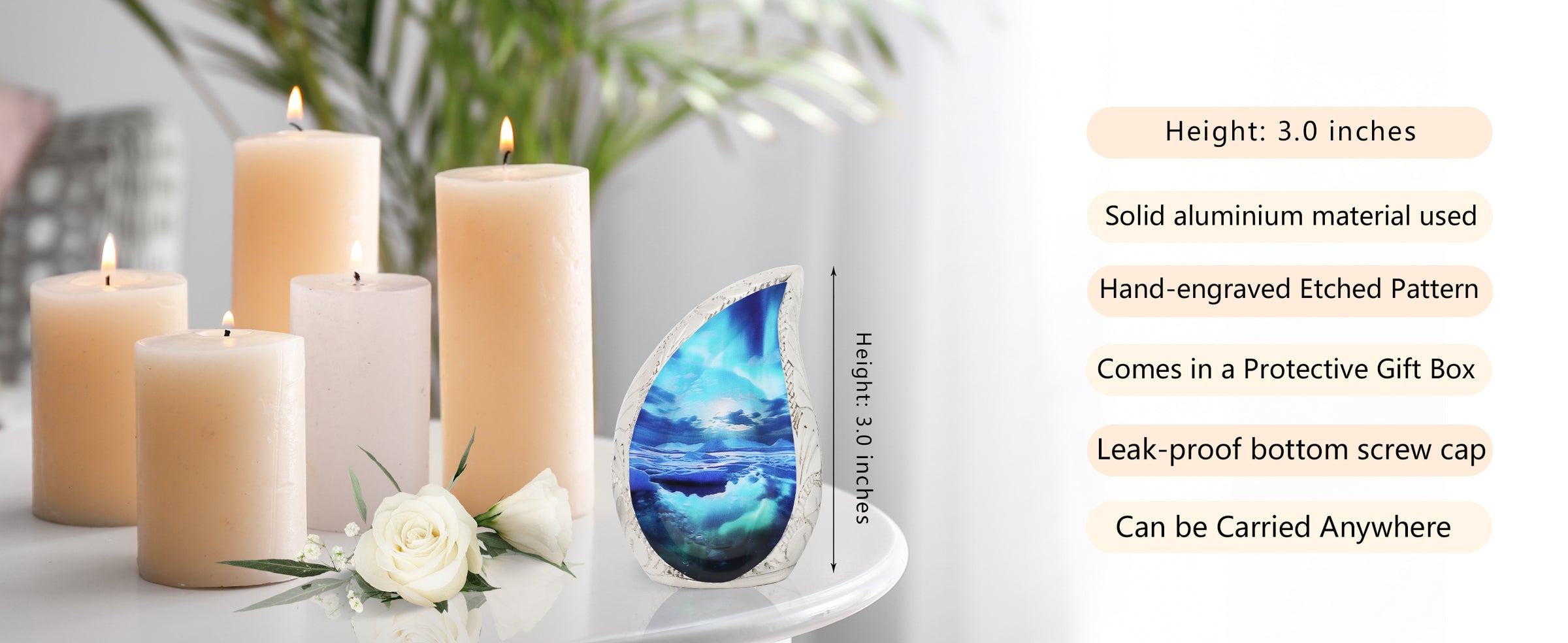 Turquoise Urn – Aurora Borealis Tear Drop Full Size Urn and Mini Brass Keepsake | MEILINXU — A Meaningful Memorial for Home or Niche
