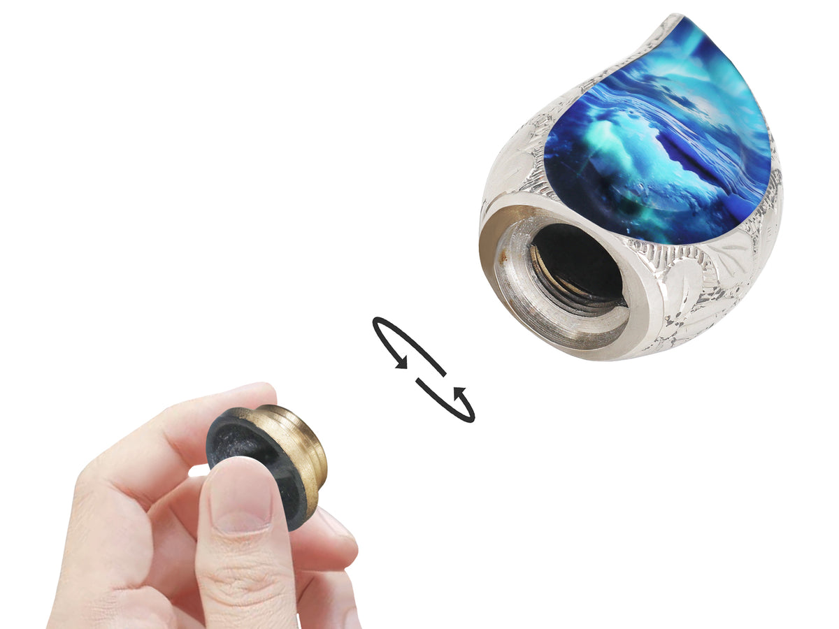 Turquoise Urn – Aurora Borealis Tear Drop Full Size Urn and Mini Brass Keepsake | MEILINXU — Made with Care