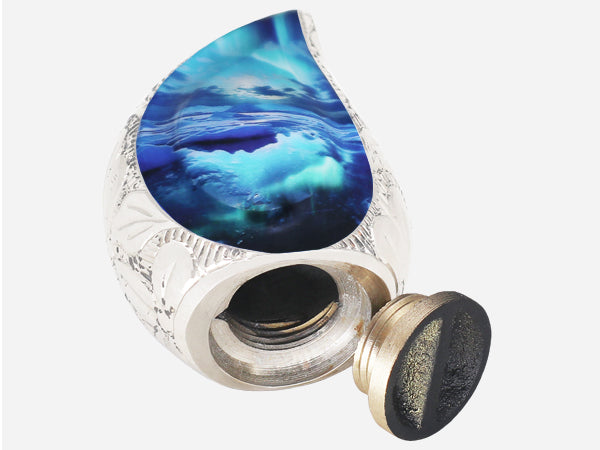 Turquoise Urn – Aurora Borealis Tear Drop Full Size Urn and Mini Brass Keepsake | MEILINXU — Distinctive Memorial Artwork