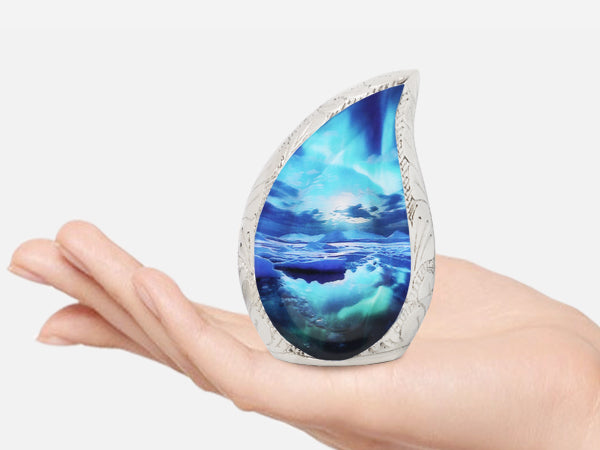 Turquoise Urn – Aurora Borealis Tear Drop Full Size Urn and Mini Brass Keepsake | MEILINXU — Made for Lasting Remembrance