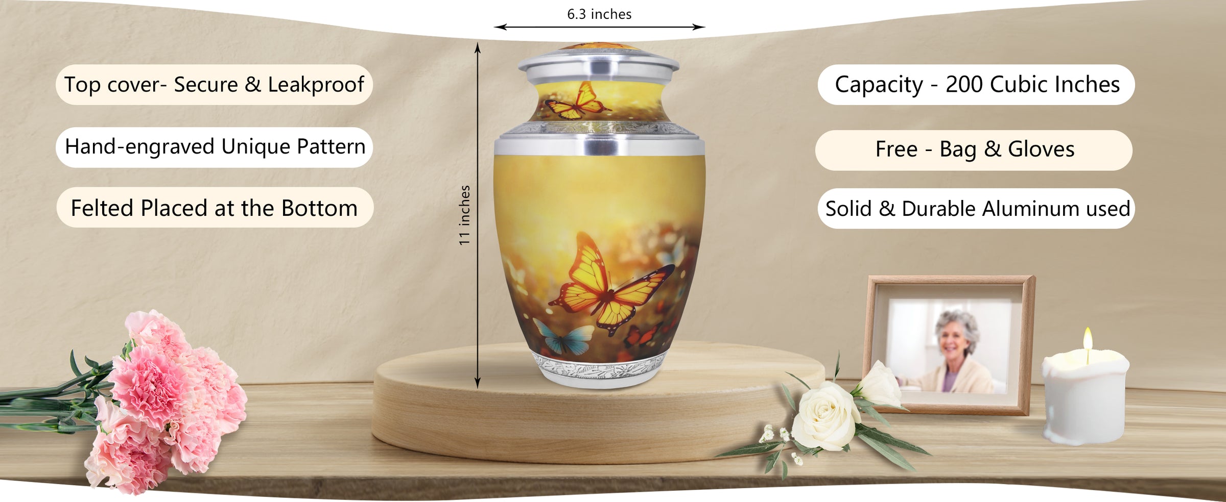 Yellow Butterfly Cremation Urn – Floral Adult Urn and Small Keepsake Urn for Human Ashes | MEILINXU — A Meaningful Memorial for Home or Niche