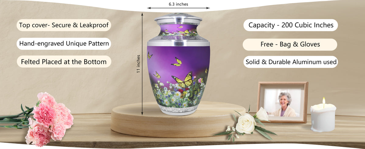 Purple Urn for Ashes – Butterfly Floral Cremation Urns, Large Adult & Small Keepsake | MEILINXU — A Meaningful Memorial for Home or Niche