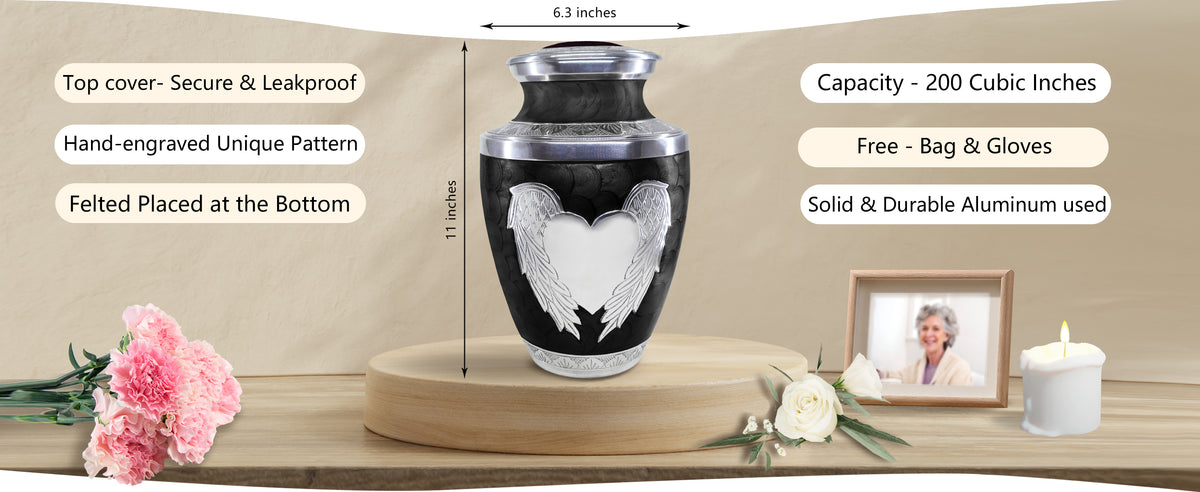 Heart Urn for Ashes – Angel Wings Adult Cremation Urn for Human Ashes in Black or Pink | MEILINXU — A Meaningful Memorial for Home or Niche