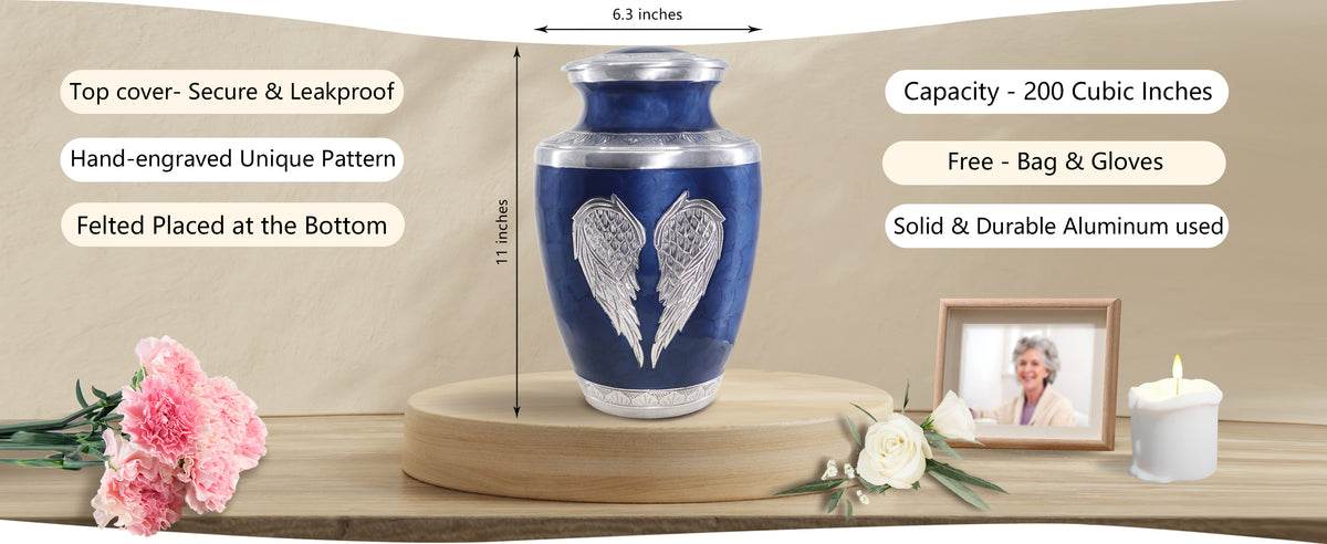 Urns with Angel Wings – Engraved Silver Large Adult Urns for Human Ashes, Blue or Purple | MEILINXU — A Meaningful Memorial for Home or Niche