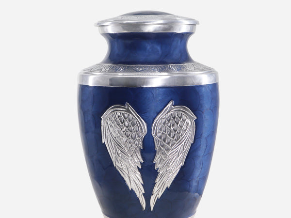 Urns with Angel Wings – Engraved Silver Large Adult Urns for Human Ashes, Blue or Purple | MEILINXU — Distinctive Memorial Artwork