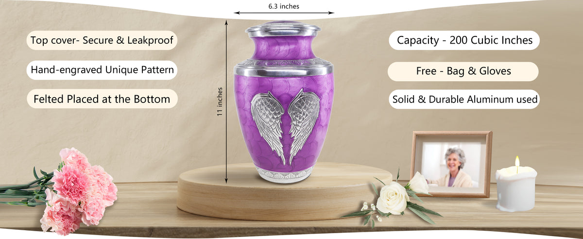 Urns with Angel Wings – Engraved Silver Large Adult Urns for Human Ashes, Blue or Purple | MEILINXU — A Meaningful Memorial for Home or Niche