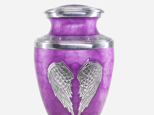 Urns with Angel Wings – Engraved Silver Large Adult Urns for Human Ashes, Blue or Purple | MEILINXU — Distinctive Memorial Artwork