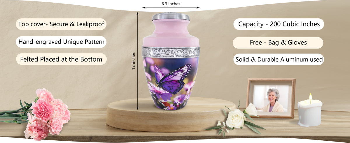 Purple Floral Urn for Ashes – Butterfly Large Adult & Tiny Keepsake for Human Ashes | MEILINXU — A Meaningful Memorial for Home or Niche